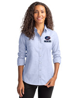 Green Bay Packers Americana Cutter & Buck Stretch Oxford Womens Long Sleeve Dress Shirt Light Blue Front