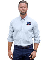 Cincinnati Bengals Americana Cutter & Buck Stretch Oxford Stripe Mens Long Sleeve Dress Shirt Light Blue Front