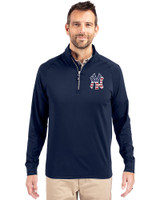 New York Yankees Stars & Stripes Cutter & Buck Adapt Eco Knit Stretch Recycled Mens Big and Tall Quarter Zip Pullover Navy Blue Front