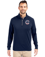 Chicago Cubs Stars & Stripes Cutter & Buck Adapt Eco Knit Stretch Recycled Mens Big and Tall Quarter Zip Pullover Navy Blue Front
