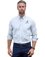 Atlanta Braves Stars & Stripes Cutter & Buck Stretch Oxford Stripe Mens Big and Tall Long Sleeve Dress Shirt Light Blue Front