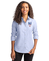 New York Mets Stars & Stripes Cutter & Buck Stretch Oxford Womens Long Sleeve Dress Shirt Light Blue Front