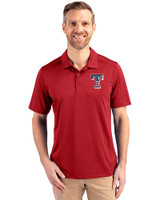 Texas Rangers Stars & Stripes Cutter & Buck Prospect Eco Textured Stretch Recycled Mens Short Sleeve Polo Cardinal Red Front