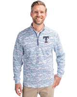 Texas Rangers Stars & Stripes Cutter & Buck Traverse Stretch Eco Camo Print Quarter Zip Mens Pullover Indigo Front