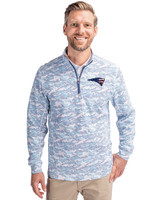 New England Patriots Americana Cutter & Buck Traverse Stretch Eco Camo Print Quarter Zip Mens Pullover Indigo Front