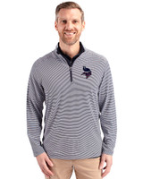 Minnesota Vikings Americana Cutter & Buck Virtue Eco Pique Micro Stripe Recycled Mens Big & Tall Quarter Zip Navy Blue/White Front