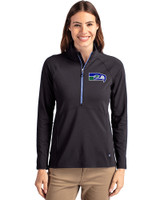 Seattle Seahawks Historic Cutter & Buck Adapt Eco Knit Stretch Recycled Womens Half Zip Pullover Black/Tour Blue Front