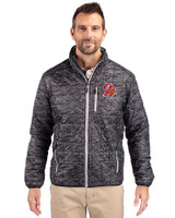 Tampa Bay Buccaneers Historic Cutter & Buck Rainier PrimaLoft® Mens Eco Insulated Full Zip Printed Puffer Jacket Black Front