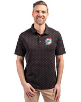 Miami Dolphins Historic Cutter & Buck Virtue Eco Pique Tile Print Recycled Mens Polo Black Front