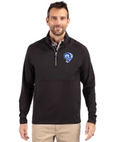 Los Angeles Rams Historic Cutter & Buck Adapt Recycled Soft Knit Stretch Mens Hybrid Quarter Zip Pullover  Black Front