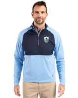 Los Angeles Chargers Historic Cutter & Buck Adapt Eco Knit Hybrid Recycled Mens Quarter Zip Atlas/Navy Blue Front