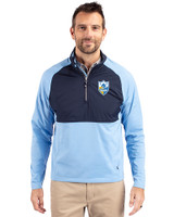 Los Angeles Chargers Historic Cutter & Buck Adapt Recycled Soft Knit Stretch Mens Hybrid Quarter Zip Pullover  Atlas/Navy Blue Front