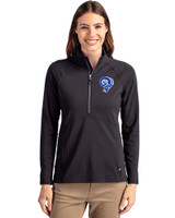 Los Angeles Rams Historic Cutter & Buck Adapt Eco Knit Stretch Recycled Womens Half Zip Pullover Black Front