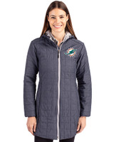 Miami Dolphins Cutter & Buck Rainier PrimaLoft®  Womens Eco Insulated Hooded Long Coat Anthracite Melange Front