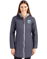 Los Angeles Chargers Historic Cutter & Buck Rainier Recycled Insulated Puffer Womens Full Zip Hooded Long Coat Anthracite Melange Front
