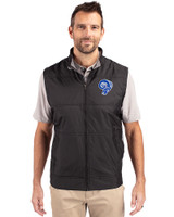 Los Angeles Rams Historic Cutter & Buck Stealth Hybrid Quilted Mens Big and Tall Windbreaker Vest Black Front