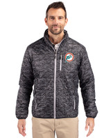 Miami Dolphins Historic Cutter & Buck Rainier PrimaLoft® Mens Eco Insulated Full Zip Printed Puffer Jacket Black Front