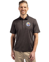Pittsburgh Steelers Cutter & Buck Virtue Eco Pique Micro Stripe Recycled Mens Polo Black/Elemental Grey Front