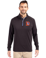 Denver Broncos Historic Cutter & Buck Adapt Eco Knit Stretch Recycled Mens Big and Tall Quarter Zip Pullover Black/Tour Blue Front