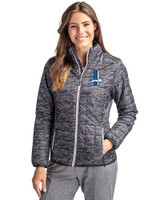 Detroit Lions Historic Cutter & Buck Rainier PrimaLoft® Womens Eco Insulated Full Zip Printed Puffer Jacket Black Front