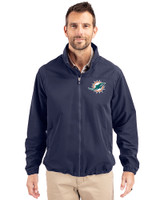 Miami Dolphins Cutter & Buck Charter Eco Knit Recycled Big & Tall Full-Zip Jacket Navy Blue Front