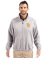 San Diego Padres Cutter & Buck Charter Eco Knit Recycled Big & Tall Full-Zip Jacket Polished Medium Gray Front