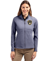 Milwaukee Brewers Cutter & Buck Adapt Recycled Soft Knit Stretch Womens Heathered Full Zip Jacket Navy Blue Heather Front
