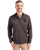 Colorado Rockies Cutter & Buck Virtue Recycled Micro Stripe Featherlight Pique Mens Big & Tall Quarter Zip Pullover Black/Elemental Grey Front