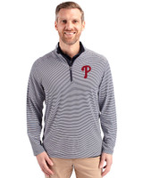 Philadelphia Phillies Cutter & Buck Virtue Eco Pique Micro Stripe Recycled Mens Big & Tall Quarter Zip Navy Blue/White Front