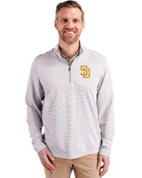 San Diego Padres Cutter & Buck Virtue Eco Pique Micro Stripe Recycled Mens Quarter Zip Polished/White Front