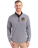 Milwaukee Brewers Cutter & Buck Virtue Recycled Micro Stripe Featherlight Pique Mens Quarter Zip Pullover Navy Blue/White Front