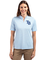 Tampa Bay Rays Cutter & Buck Virtue Eco Pique Stripe Recycled Womens Top Atlas Light Blue Front