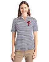 Philadelphia Phillies Cutter & Buck Virtue Eco Pique Stripe Recycled Womens Top Navy Blue Front