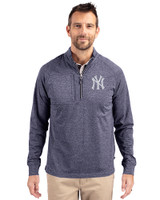New York Yankees Cutter & Buck Adapt Eco Knit Heather Mens Quarter Zip Pullover Navy Blue Heather Front