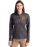 Pittsburgh Pirates Cutter & Buck Traverse Stretch Eco Camo Print Quarter Zip Womens Pullover Black Front