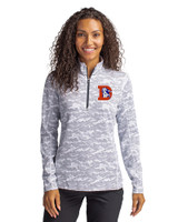 Denver Broncos Historic Cutter & Buck Traverse Stretch Eco Camo Print Quarter Zip Womens Pullover Charcoal Front