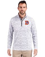 Denver Broncos Historic Cutter & Buck Traverse Stretch Eco Camo Print Quarter Zip Mens Pullover Charcoal Front