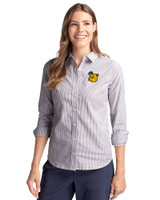 Baylor Sailor Bear College Vault Cutter & Buck Easy Care Stretch Oxford Stripe Womens Long Sleeve Button Down Shirt Charcoal Front