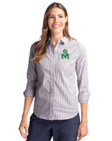 Marshall Thundering Herd College Vault Cutter & Buck Stretch Oxford Stripe Womens Long Sleeve Dress Shirt Charcoal Front