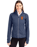 Virginia Hoos College Vault Cutter & Buck Mainsail Sweater-Knit Womens Full Zip Jacket Liberty Navy Heather Front
