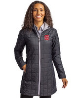 NC State Wolfpack Cutter & Buck Rainier PrimaLoft®  Womens Eco Insulated Hooded Long Coat Black Front