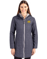 Michigan Wolverines Cutter & Buck Rainier Recycled Insulated Puffer Womens Full Zip Hooded Long Coat Anthracite Melange Front