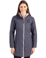 Georgetown Hoyas College Vault Cutter & Buck Rainier PrimaLoft®  Womens Eco Insulated Hooded Long Coat Anthracite Melange Front