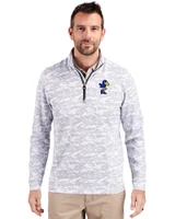 Kansas Jayhawks College Vault Cutter & Buck Traverse Recycled Smooth Stretch Mens Camo Quarter Zip Pullover Charcoal Front