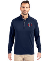 Minnesota Twins Cutter & Buck Adapt Eco Knit Stretch Recycled Mens Big and Tall Quarter Zip Pullover Navy Blue Front