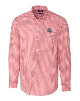 New England Patriots NFL Helmet Cutter & Buck Easy Care Stretch Gingham Mens Big and Tall Long Sleeve Dress Shirt Cardinal Red Mannequin