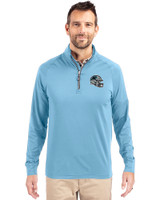 Carolina Panthers NFL Helmet Cutter & Buck Adapt Eco Knit Stretch Recycled Mens Quarter Zip Pullover Atlas Light Blue Front