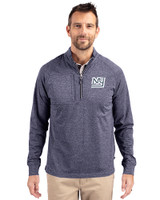 New York Giants Historic Cutter & Buck Adapt Recycled Soft Knit Stretch Mens Heathered Quarter Zip Pullover  Navy Blue Heather Front