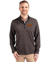 Oklahoma State Cowboys Cutter & Buck Virtue Eco Pique Micro Stripe Recycled Mens Quarter Zip Black/Elemental Grey Front