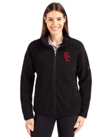 USC Trojans Cutter & Buck Cascade Epic Comfort Recycled Sherpa Fleece Womens Full Zip Jacket Black Front